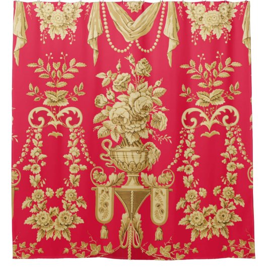 ヴィンテージフランスの花柄、花瓶、バラ シャワーカーテン (正面)