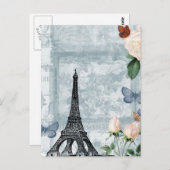 ヴィンテージフランスの蝶とバラ ポストカード (正面/裏面)