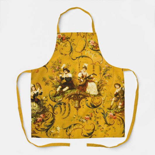 ヴィンテージフランスの金ゴールドイエロートイルビクトリアンフローラ エプロン (正面)