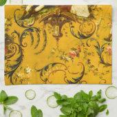 ヴィンテージフランスの金ゴールドイエロートイルビクトリアンフローラ キッチンタオル (折り畳み)
