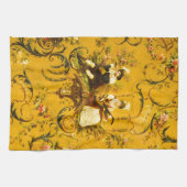 ヴィンテージフランスの金ゴールドイエロートイルビクトリアンフローラ キッチンタオル (横)