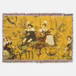 ヴィンテージフランスの金ゴールドイエロートイルビクトリアンフローラ スローブランケット