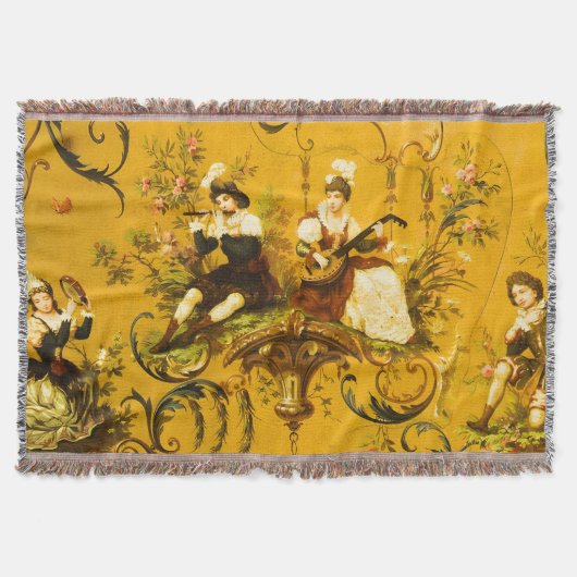 ヴィンテージフランスの金ゴールドイエロートイルビクトリアンフローラ スローブランケット (正面)