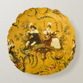 ヴィンテージフランスの金ゴールドイエロートイルビクトリアンフローラ ラウンドクッション
