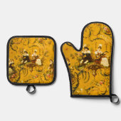 ヴィンテージフランスの金ゴールドイエロートイルビクトリアンフローラ 鍋つかみ&鍋敷きセット (正面)