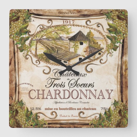 ヴィンテージフランスの風光明媚なワインラベルの壁時計 スクエア壁時計 (正面)