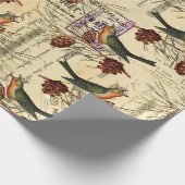 ヴィンテージフランスの鳥が緑のスクリプトスタンプ ラッピングペーパー (角)