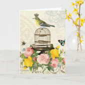 ヴィンテージフランスの鳥とカバードノテカード カード (黄色い花)