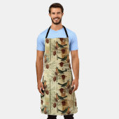 ヴィンテージフランスの鳥の緑のスクリプトスタンプ エプロン (着用した状態)