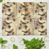 ヴィンテージフランスの鳥の緑のスクリプトスタンプ キッチンタオル (折り畳み)