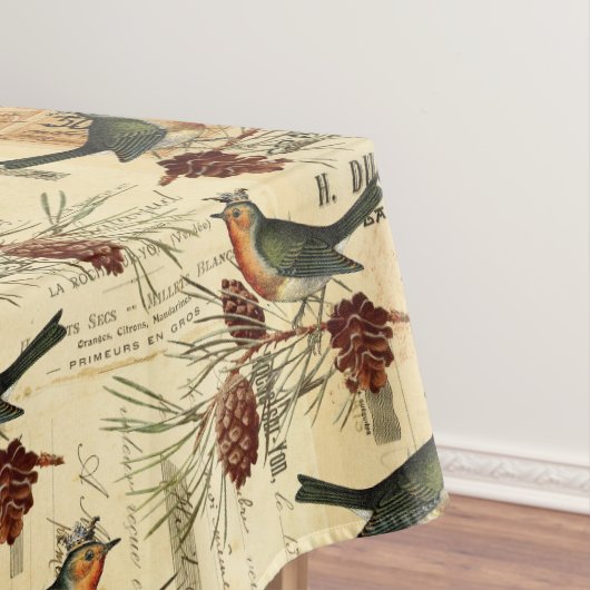 ヴィンテージフランスの鳥の緑のスクリプトスタンプ テーブルクロス (インサイチュ)