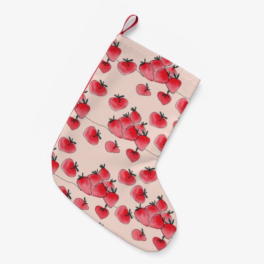 ヴィンテージフリーハンドイチゴの水彩模様 スモールクリスマスストッキング (正面 (吊り時))