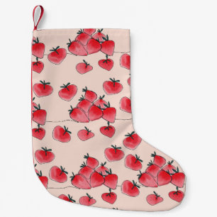 ヴィンテージフリーハンドイチゴの水彩模様 スモールクリスマスストッキング