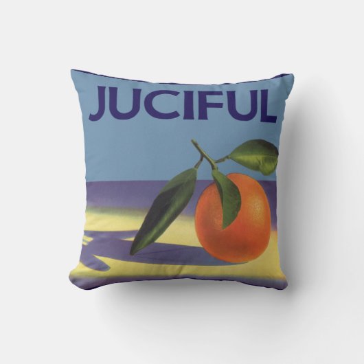 ヴィンテージフルーツのクラートラベルアート、ジューシーなオレンジ クッション (正面)
