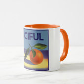 ヴィンテージフルーツのクラートラベルアート、ジューシーなオレンジ マグカップ (正面右)