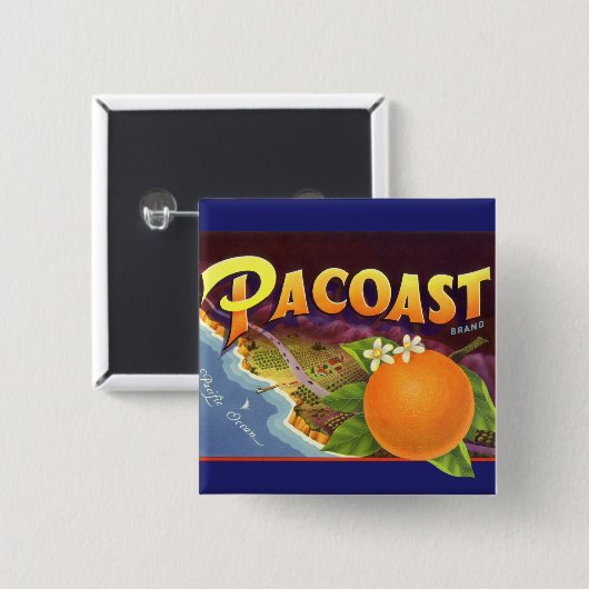 ヴィンテージフルーツのクラートラベルアート、パコスタントオレンジ 缶バッジ (正面&裏面)