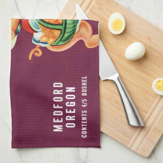 ヴィンテージフルーツのクレートのラベルとピギー梨 キッチンタオル (四つ折り)