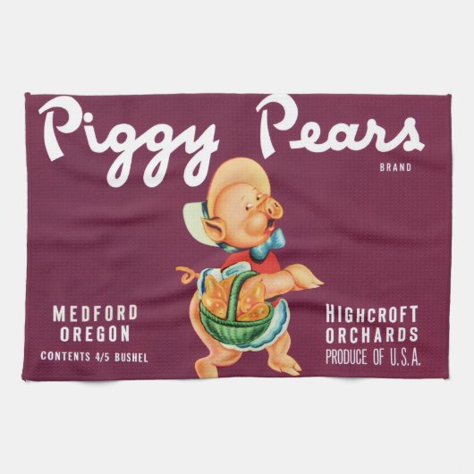ヴィンテージフルーツのクレートのラベルとピギー梨 キッチンタオル (横)