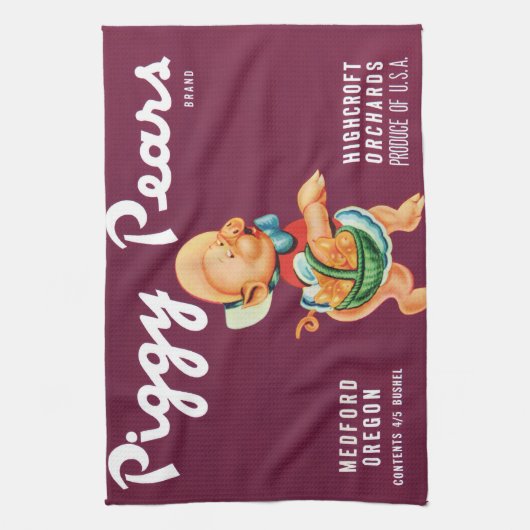 ヴィンテージフルーツのクレートのラベルとピギー梨 キッチンタオル (縦)