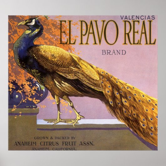 ヴィンテージフルーツクラートラベルアートエルパボピーコックバード ポスター (正面)