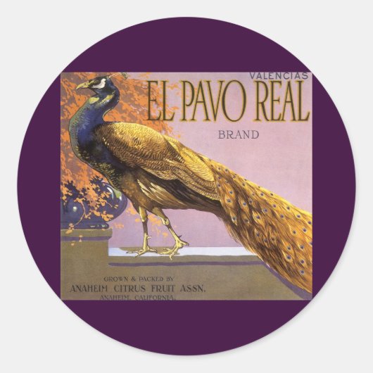 ヴィンテージフルーツクラートラベルアートエルパボピーコックバード ラウンドシール (正面)