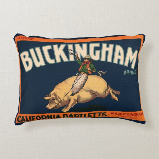 ヴィンテージフルーツクラートラベルアートカウボーイオンピッグロデオ アクセントクッション (正面)
