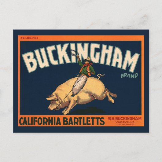 ヴィンテージフルーツクラートラベルアートカウボーイオンピッグロデオ ポストカード (正面)