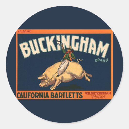 ヴィンテージフルーツクラートラベルアートカウボーイオンピッグロデオ ラウンドシール (正面)