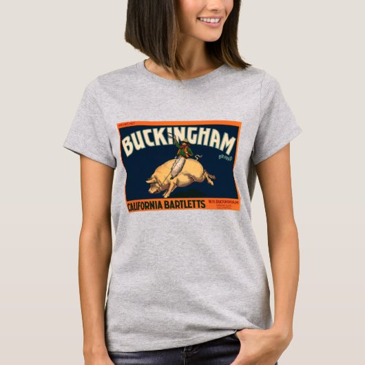 ヴィンテージフルーツクラートラベルアートカウボーイオンピッグロデオ Tシャツ (正面)