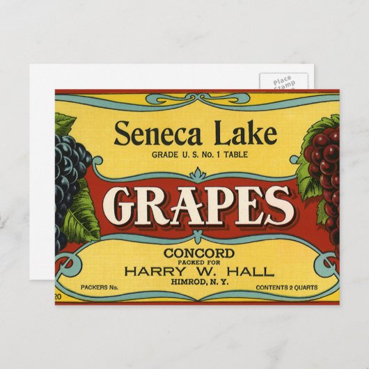 ヴィンテージフルーツクラートラベルアートセネカレークブドウ ポストカード (正面/裏面)