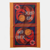 ヴィンテージフルーツクラートラベルアートレッドサークルオレンジ キッチンタオル (縦)