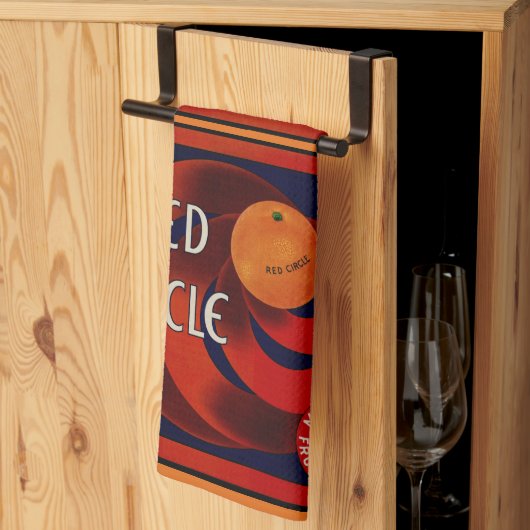 ヴィンテージフルーツクラートラベルアートレッドサークルオレンジ キッチンタオル (三つ折り)