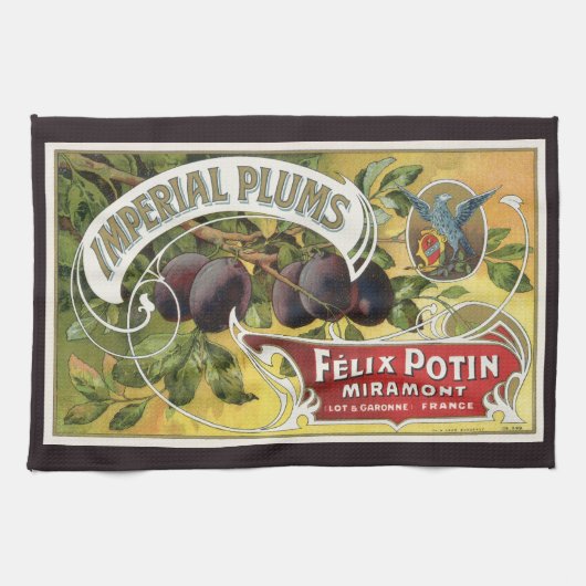 ヴィンテージフルーツクラートラベルアート、インペリアルプラム キッチンタオル (横)