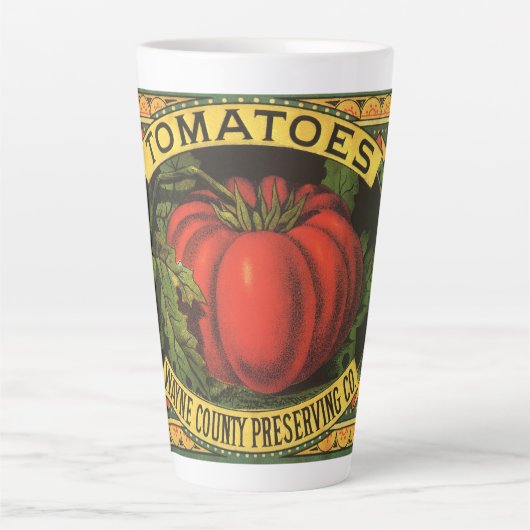 ヴィンテージフルーツクラートラベルアート、ウェインCoトマト カフェラテマグ (正面)
