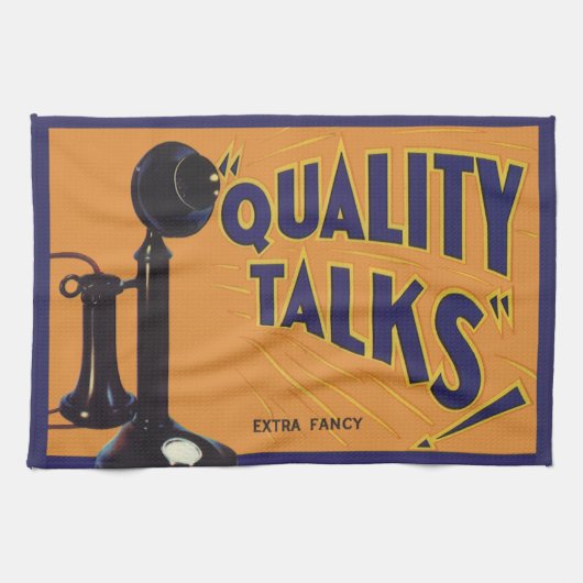 ヴィンテージフルーツクラートラベルアート、オールドファッションドフォン キッチンタオル (横)