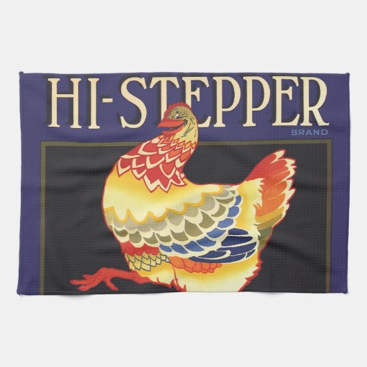 ヴィンテージフルーツクラートラベルアート、ハイステッパチキン キッチンタオル (横)