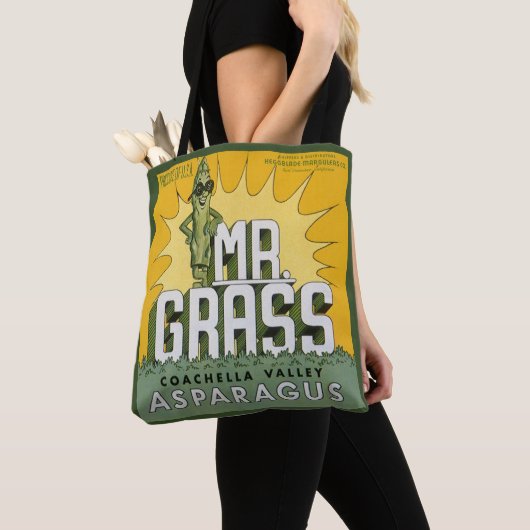 ヴィンテージフルーツクラートラベルアートMr. Grass Asparagus トートバッグ (クローズアップ)