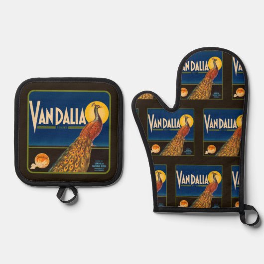 ヴィンテージフルーツラベルのオレンジ（黒） 鍋つかみ&鍋敷きセット (正面)