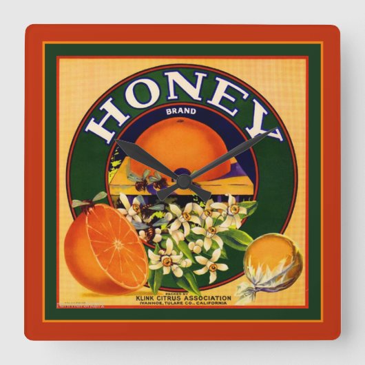 ヴィンテージフルーツラベルオレンジスクエアウォールクロック スクエア壁時計 (正面)