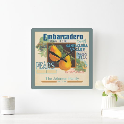 ヴィンテージフルーツラベル梨カスタムの家族の名前 スクエア壁時計 (ホーム)