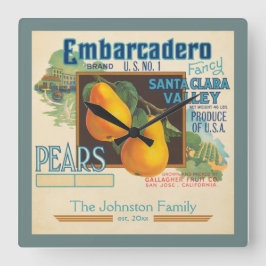ヴィンテージフルーツラベル梨カスタムの家族の名前 スクエア壁時計