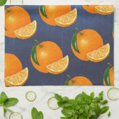 ヴィンテージフルーツ素朴ネイビーブルーウォーターカラーオレンジ キッチンタオル (折り畳み)