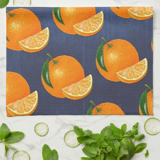 ヴィンテージフルーツ素朴ネイビーブルーウォーターカラーオレンジ キッチンタオル (折り畳み)