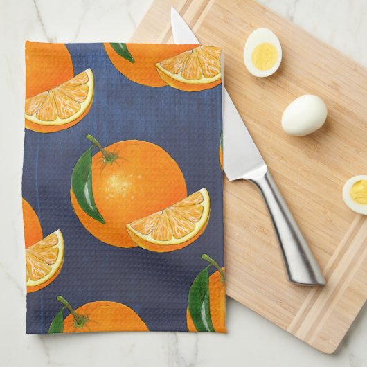 ヴィンテージフルーツ素朴ネイビーブルーウォーターカラーオレンジ キッチンタオル (四つ折り)