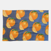 ヴィンテージフルーツ素朴ネイビーブルーウォーターカラーオレンジ キッチンタオル (横)