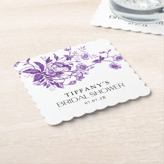 ヴィンテージフレンチトワールパープルフラワーブライダルシャワー ペーパーコースター (アングル)