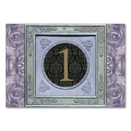 ヴィンテージフレームのダマスク織の花のタペストリーのテーブルカード テーブルナンバー (正面)