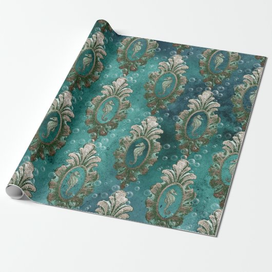 ヴィンテージフレームの水上馬が薄緑 ラッピングペーパー (アンロールド)