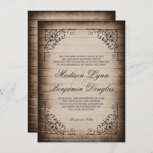 ヴィンテージフレームの素朴な木製の結婚式招待状 招待状 (正面/裏面)