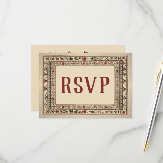ヴィンテージフレームエスニック結婚モチーフ 出欠カード (正面/裏面インサイチュ)